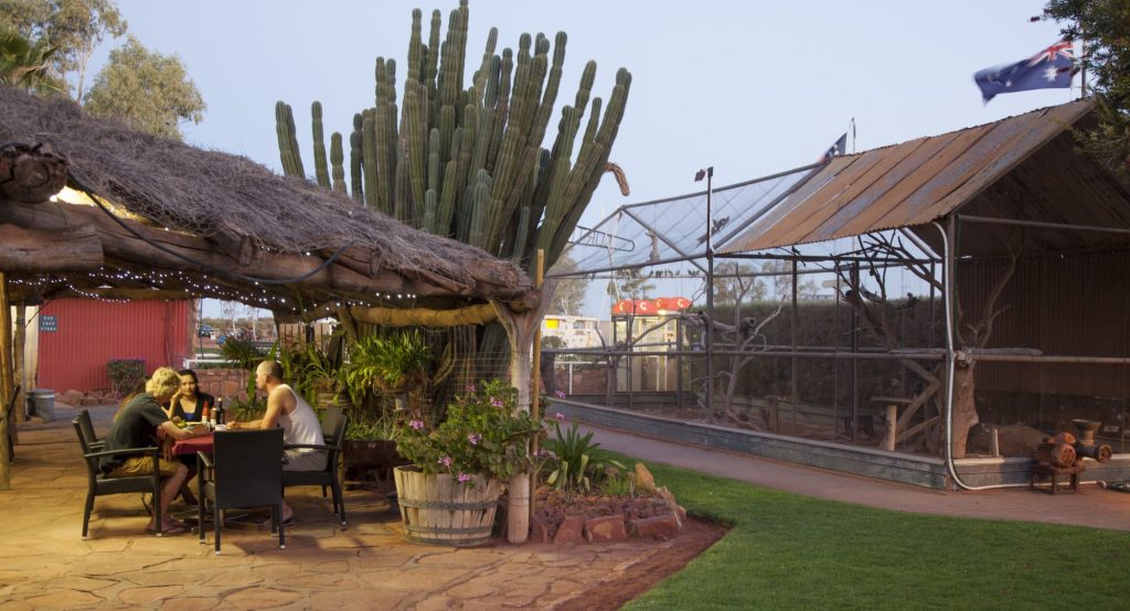 Guests relaxing at tables under the shady Wayside Inn bough shed beside a tall cactus