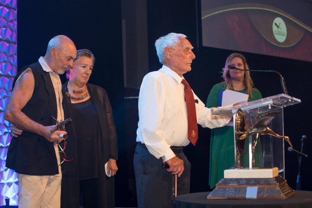 Peter receiving an award on stage at the 2017 Brolga awards.