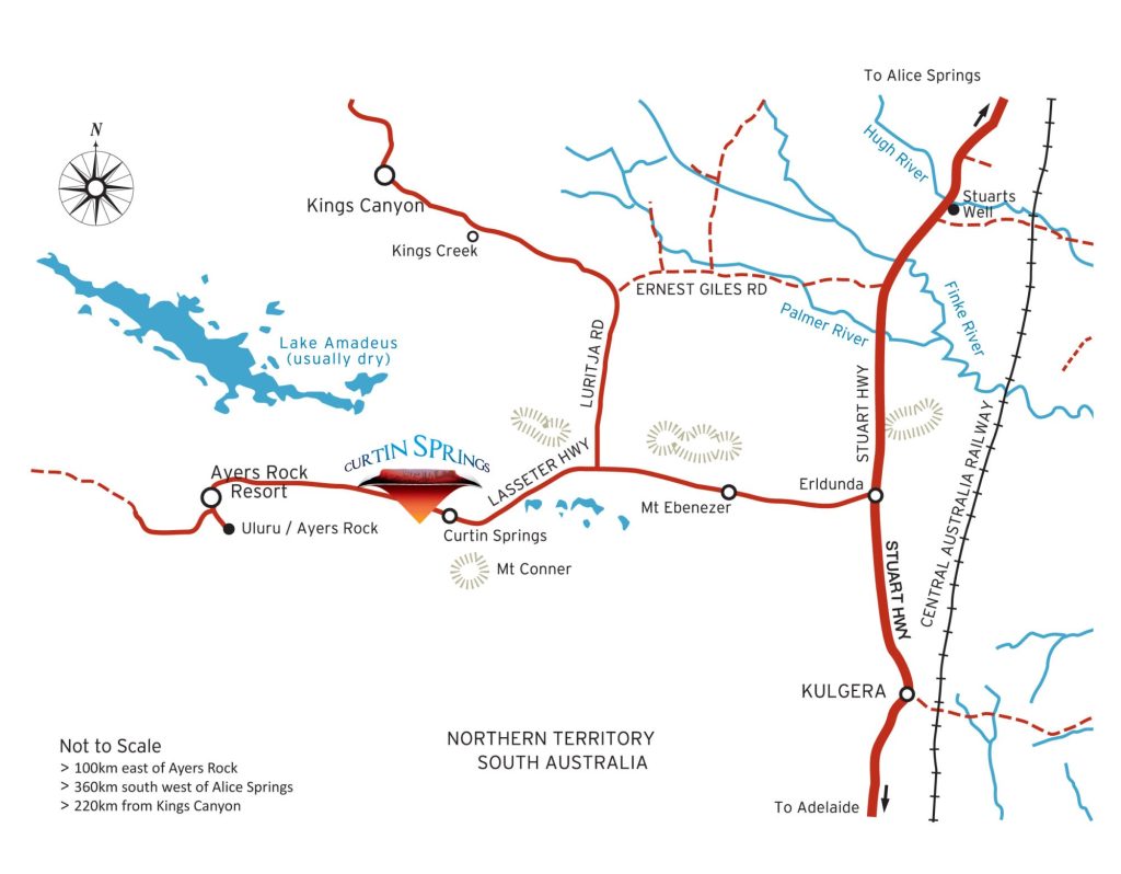 Map of Curtin Springs on the Lasseter Highway between Ayers Rock Resort and Erldunda on the Stuart Highway, with Kings Canyon to the north-west and Alice Springs to the north-east. Not to scale.