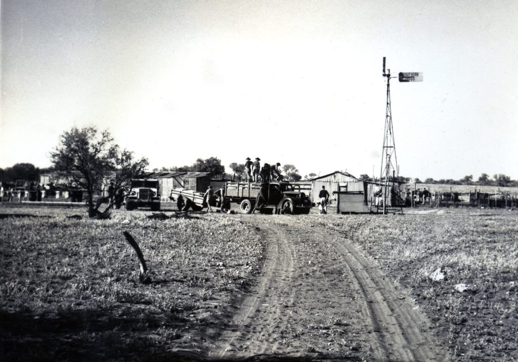 Black-and-white photograph from 1950 of a dirt track leading to the station buildings and a windmill