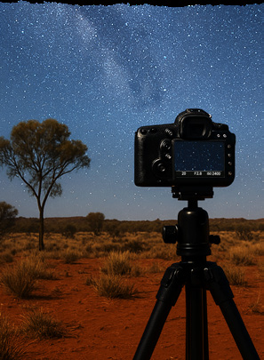 A camera on a tripod beneath a star-filled sky, as shown in the Curtin Springs brochure