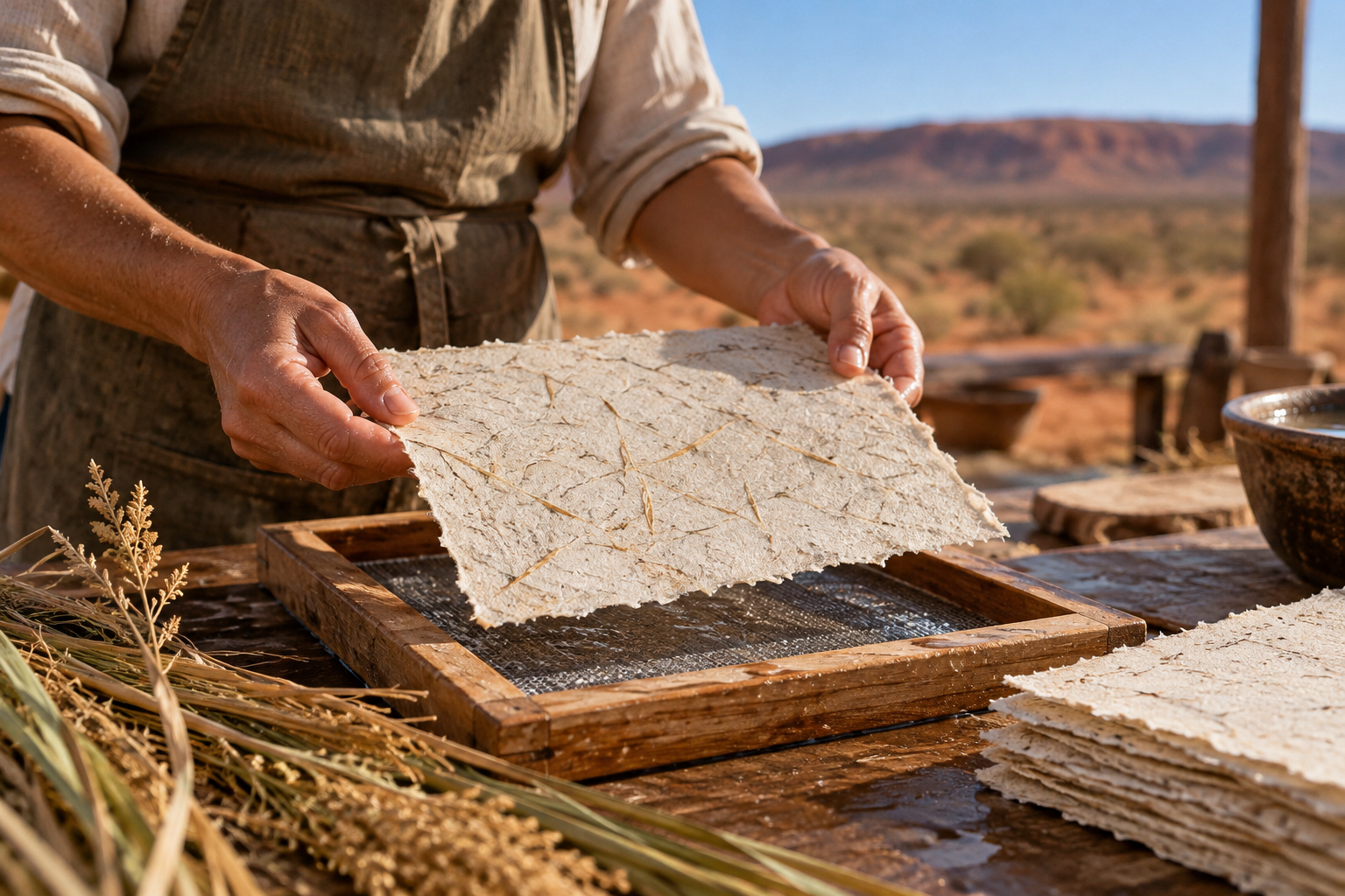 Illustrative close-up of handmade paper being lifted from a mould